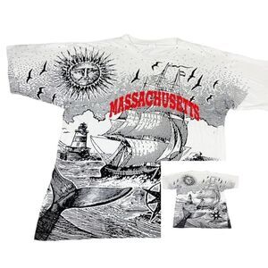 Vintage 90s Massachusetts T-Shirt XXL All over Print Tourist Single Stitch